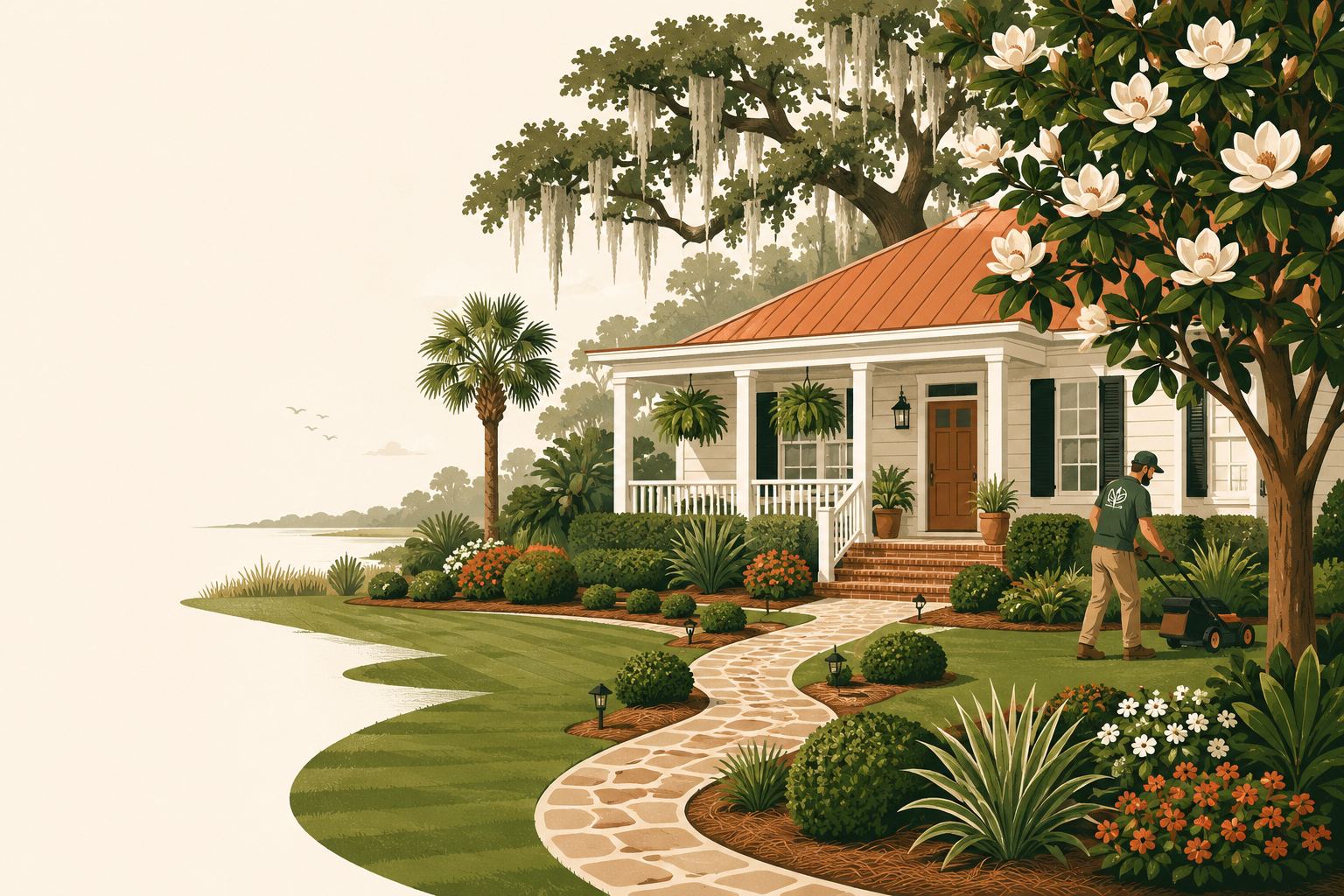 Illustrated Lowcountry yard scene representing Great Garden Landscaping's services in Johns Island, SC